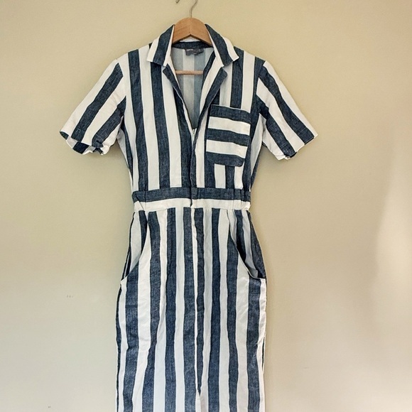 ASOS Midi Shirt Dress Size 2 Gray Ivory Stripe Cotton | V-Neck Pencil Workwear - Picture 5 of 11